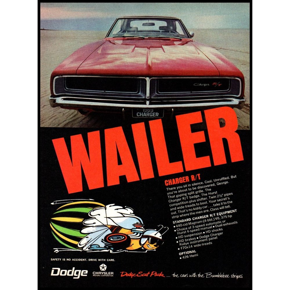 1969 Dodge Charger R/T RT Wailer Vintage Print Ad Scat Pack Bumblebee Wall Art